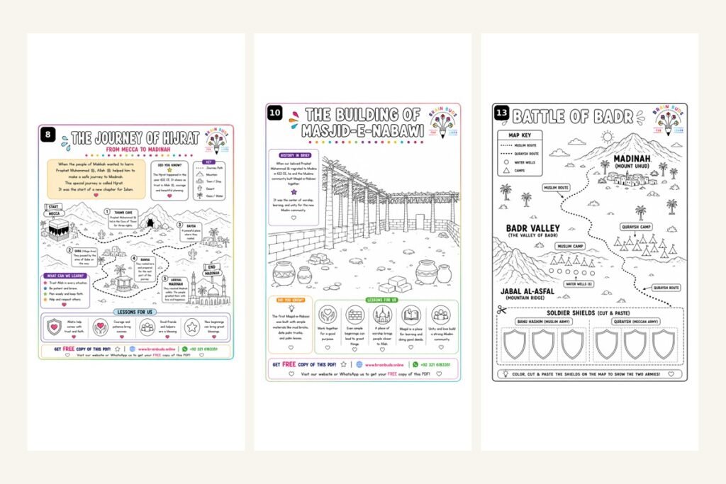 Printable Rabi al-Awwal worksheets about Hijrah, Masjid an-Nabawi and the Battle of Badr